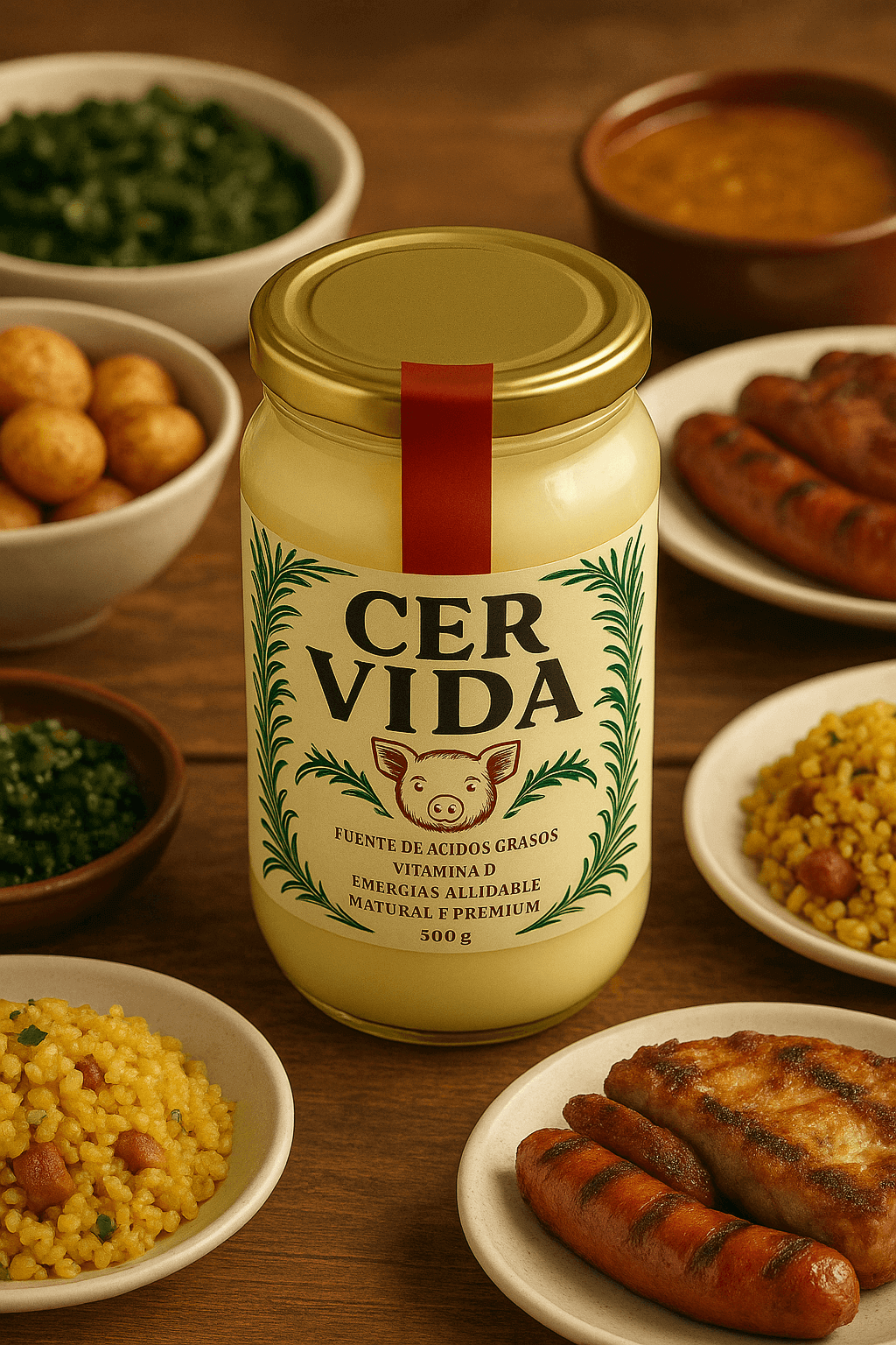 CER VIDA rodeado de platos tradicionales colombianos