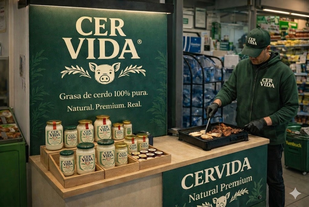 Stand de degustacion CER VIDA en supermercado con exhibicion de productos